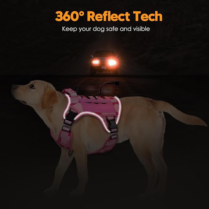 Heavy-Duty Tactical Dog Harness for Large Dogs, No Pull Adjustable Reflective Pet Vest with Molle System, K9 Military-Grade Control for Service Training, Outdoor & 10+ Breeds, Pink Camo, Large-Mewly Pet