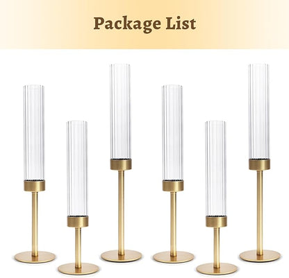 Gold Hurricane Glass Candle Holders: Cadhodenm Tall Glass Candlestick Holder for Wedding Set of 6 Brass Taper Candle Holders Modern Candle Sticks Holder for Table Centerpiece Party Holiday Decor