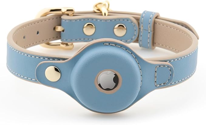 Cupertino Dog Collars, Harnesses & Leashes Made from Vegan Leather with Dog Tracker Device Holder Adjustable Dog Collar - Color Blue, Large-Mewly Pet