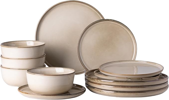 GBHOME Ceramic Dinnerware Sets for 4, 12 Pieces Stoneware Plates and Bowls Sets, Scratch Resistant Dishes, Dishwasher & Microwave Safe, Reactive Glaze-Cappuccino-Mewly Pet