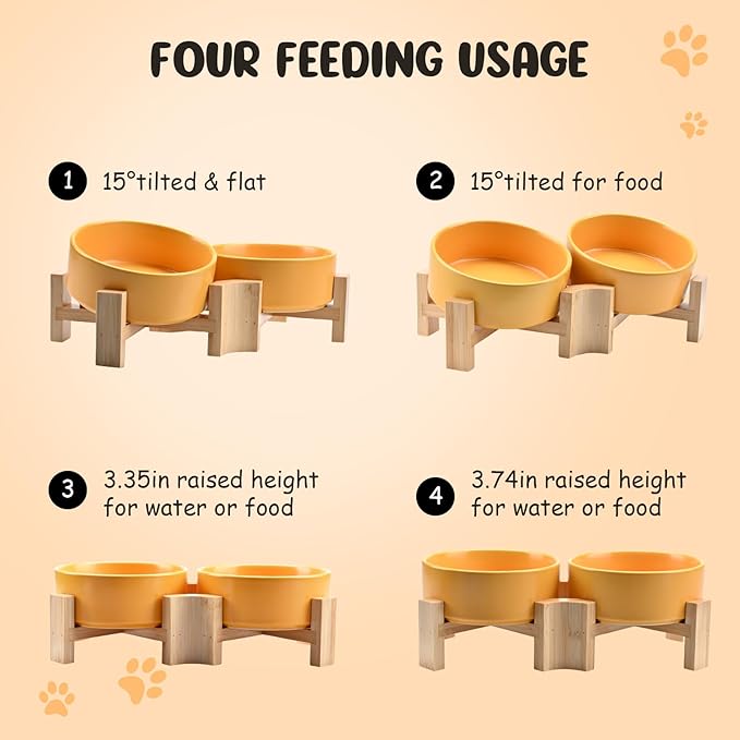 SPUNKYJUNKY 15° Slanted Ceramic Dog and Cat Bowl with Wooden Stand, Tilted Bulldog Food and Water Bowl No Slip Non-Spill for Cats Medium Dogs Big Face Pets 13.5 OZ (1.7 Cups, Yellow × 2)-Mewly Pet