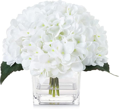 Silk Hydrangea Artificial Flowers in Vase with Faux Water, Silk Flower Arrangements in Vase for Wedding, Dining Table, Living Room (White)