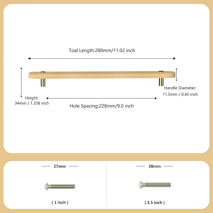 Wooden Drawer Pulls,4-Pack Beech Wood Drawer Handles 9in,Suitable for Kitchen, Living Room, Bedroom, Bathroom and Other Scenes,Gold