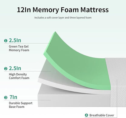 Pay Lesshere 12 Inch Queen Green Tea Mattress/Breathable Mattress for Cool Sleep & Pressure Relief/Medium Firm Mattresses/CertiPUR-US Certified/Bed-in-a-Box/Pressure Relieving （12 inch, Queen）