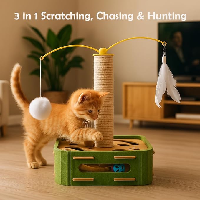 Interactive Cat Puzzle Toy - Scratching Post with Spinning Balls & Feathers for Indoor Cats, Satisfies Hunting Instinct, Self-Play Mental Stimulation Game with Rolling Track-Mewly Pet