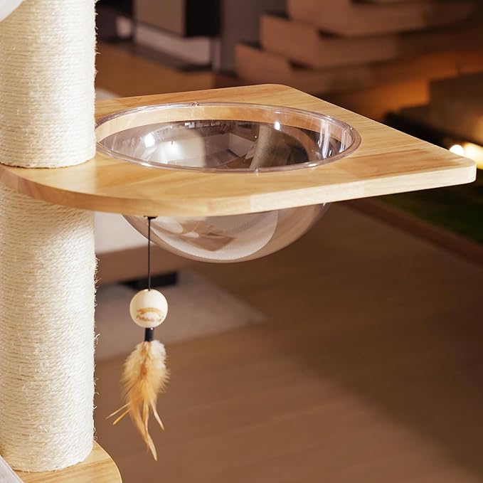 Wood Cat Tree for Indoor Cats, Modern Cat Tower, Unique Cat Condo with House, Tall Luxury Furniture with Heavy Duty Wide Base, Kraft Paper Rope Scratching Post, Removable Cushion (96.5-118.1 inch)-Mewly Pet