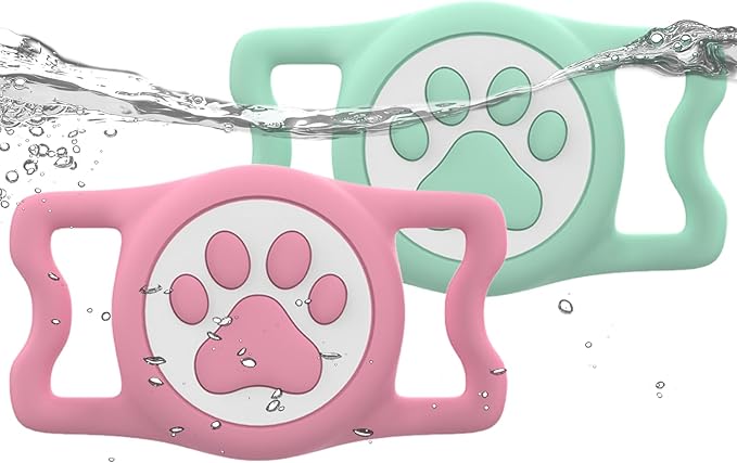 IP68 Waterpoof Dog Airtag Holder, Stretchy Silicone Full Body Covered Apple Air Tag Holder for Dog Cat Collar Fit All Width Collar (Green/Pink, 2 Pack)-Mewly Pet