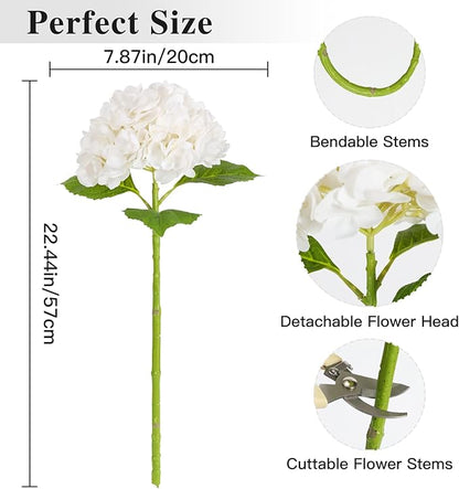 Nubry 22.44In White Hydrangea Artificial Flowers,4Pcs Latex Faux Real Touch Large Hydrangea Flowers with Long Stems & Leaves for Home Office Decor Wedding Party Arrangements(White)