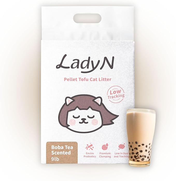 Lady N Pellet Tofu Cat Litter Boba Tea Scent, Strong Clumping, Ultra Absorbent, Dust-Free, Low Tracking, Water-Soluble, Natural Ingredients, Enviro-Probiotic Odor Control 9lb-Mewly Pet