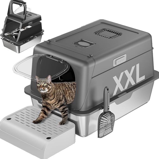 XX-Large Stainless Steel Cat Litter Box with Lid – Fully Enclosed Large Litter Box for Big Cats, Odor Control with Magnetic Door, Easy Clean, Multi-Cat Durable Metal Pan (Natural Color)-Mewly Pet