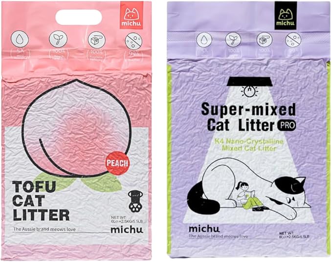 Tofu Cat Litter Natural Clumping Tofu Cat Litter 5.5lb/88oz 5 Scents (Peach + Mixed, 2 Pack)-Mewly Pet