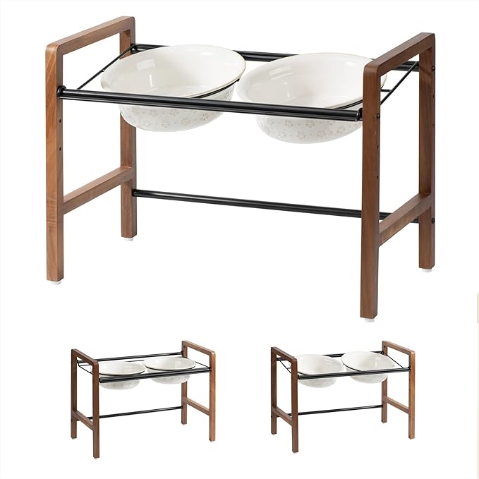 8.7inch Ceramic Adjustable Raised Double Bowls Set with Stand, 3 Heights Elevated, 2 Placement Options, Food and Water Dishes for Large Dog(Double Bowls+Stand, Reactived Glaze -White)-Mewly Pet
