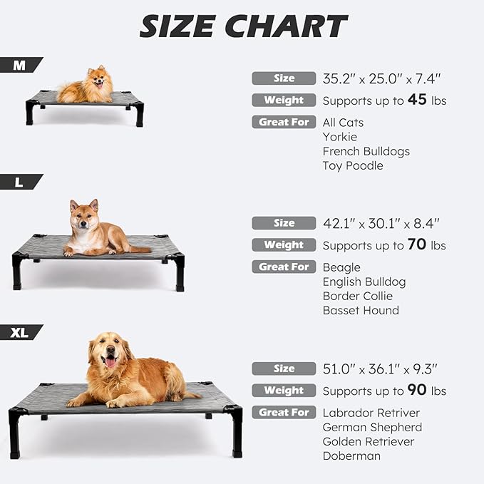 Heeyoo Elevated Dog Bed, Cooling Raised Pet Cot with Chew Proof Washable Breathable Mesh and Metal Frame, Portable Dog Cot Bed with No-Slip Feet for Outdoor or Indoor Use-Mewly Pet