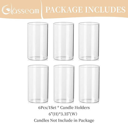 Glasseam Hurricane Glass Candle Holder Set of 6, Cylinder Clear Candle Holders for Pillar Candles, Modern Cylinder Vases for Floating Candles, Vases for Centerpiece Wedding Table Decorations, 6inch