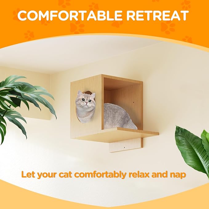 MeowHomm Cat Wall Shelves, Set of 5 Wooden Cat Wall Furniture with Cat Condo, Cat Scratching Post with 3 Steps, Bridge, Cat Hammocks and Scratcher-Mewly Pet