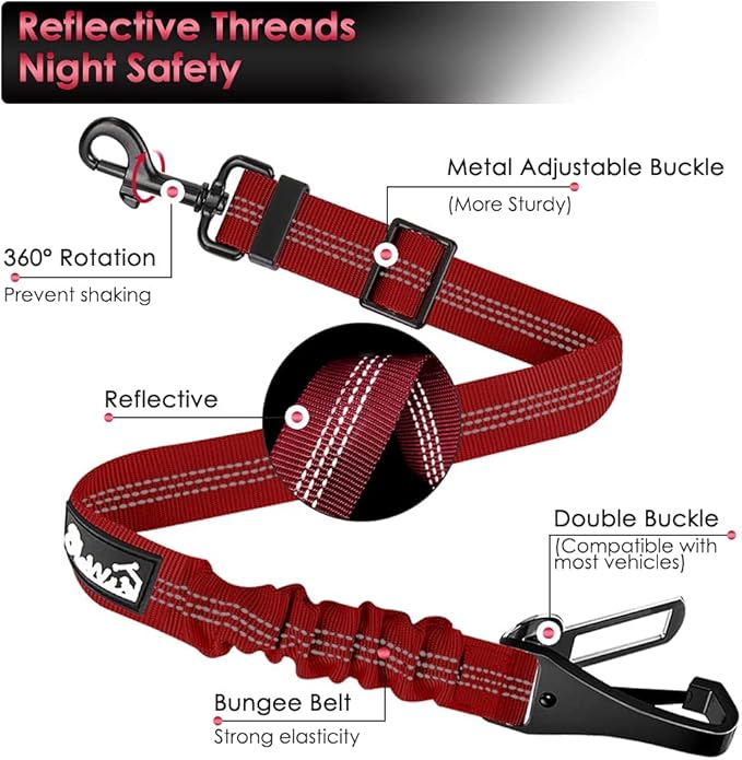 SlowTon 2 Pack Dog Seat Belt, 2 in 1 Attachment, Hook Latch Bar or Seatbelt Buckle with Elastic Nylon Bungee Buffer Adjustable Reflective Nylon Safety Belt Tether Connect to Dog Harness (2pack-R)-Mewly Pet