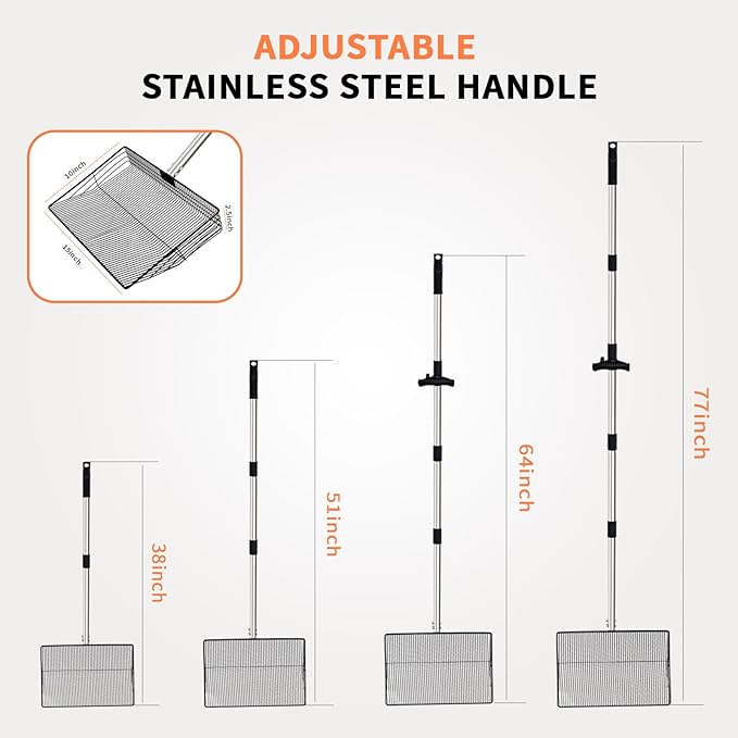 Large Chicken Poop Scooper, Metal Coop Scoop with 32" to 67" Adjustable Long Stainless Steel Handle, Chicken Poop Scooper for Sand with Heavy Duty Sifting Shovel for Chicken/ Horse/ Pet Coops (15 IN)-Mewly Pet
