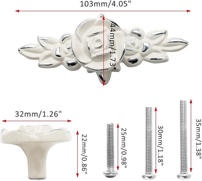Uenhoy 5 Pcs Rose Cabinet Knobs with Backplate, Vintage Floral Drawer Knob Pulls, Zinc Alloy Rose Flower Drawer Pull Handles for Cabinets and Dresser - 4 Inch, Ivory White with Silver Trim