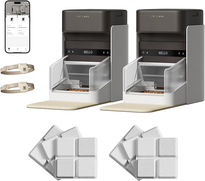 Bundle of PETLIBRO Upgraded RFID Automatic Cat Feeder, 2 Packs 5G Wi-Fi Automatic Pet Feeder, 3L Auto Cat Feeder App Control with Light Collar Tag + PETLIBRO 6 Packs Pet Food Desiccant Bag-Mewly Pet