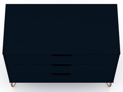 Manhattan Comfort Rockefeller 3 Drawer Dresser for Bedroom Storage, Nursery, Closet, Living Room, Entryway, TV Stand for Screens up to 32 Inches, Anti-Tip Kit Included, Set of 2, Midnight Blue