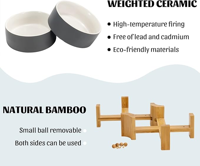 SPUNKYJUNKY 15° Slanted Ceramic Dog and Cat Bowl with Wooden Stand, Tilted Bulldog Food and Water Bowl No Slip Non-Spill for Cats Medium Dogs Big Face Pets 28.7 OZ (3.6 Cups, White-Grey × 2)-Mewly Pet