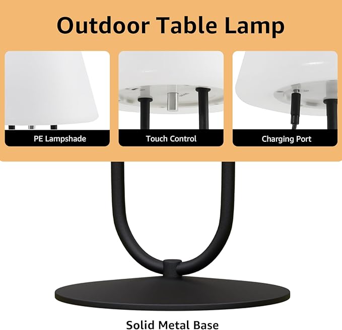 FUYO Small Bedside Table Lamp for Bedroom, Water-Resistant Rechargeble Shower Lamp, Dimmable Touch Control Lamps, Night Light for Bathroom Living Room Patio Camping, 9in(Black)