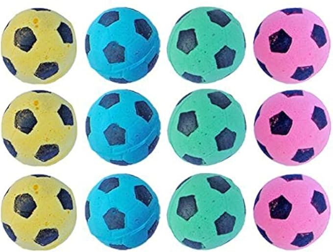 Cat Toy, Foam Sponge Soccer Ball (12 Pack), Interactive Pet Kitten Cat Exercise Toy Balls, Soft, Bouncy, Noise Free, Indoor, Pink, Yellow, Blue, Green-Mewly Pet