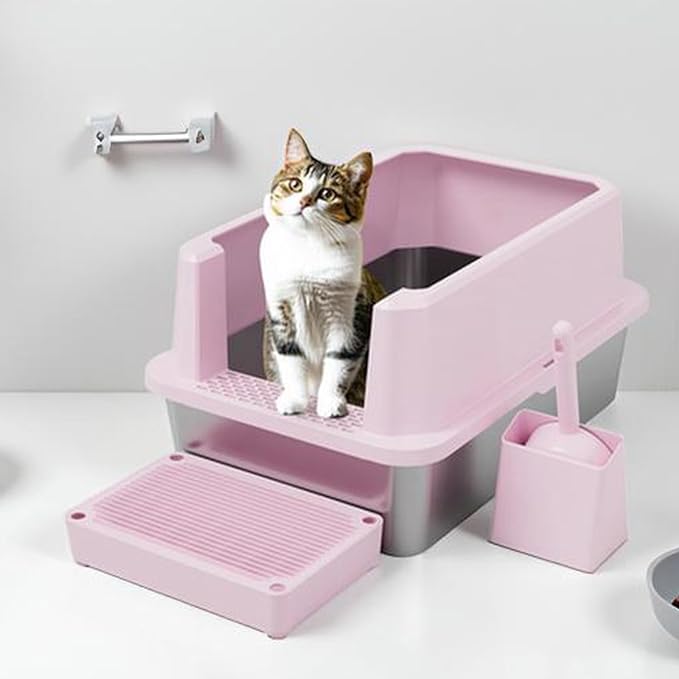 RIZZARI Stainless Steel Cat Litter Box, Semi-Closed Litter Box with High Edges, Large Odorless Litter Pan with for Small to Large Cats (Pink with Deodorizer, 2 Pack)-Mewly Pet