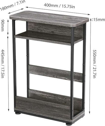 Narrow Side Table,3-Tier Slim End Table with Storage Shelf,Modern Sofa Table Thin Side Table for Narrow and Small Spaces, Skinny Bedside Table Small Nightstand with Magazine Rack Space Saving/Grey