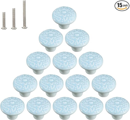 HUAMULAN 15 PCS Cabinet Knobs Glossy Ceramic Dresser Mushroom Table Drawer Cupboard Pull Furniture DIY Wardrobe Solid Color Vintage Handle,with 3 Size Mounting Screws
