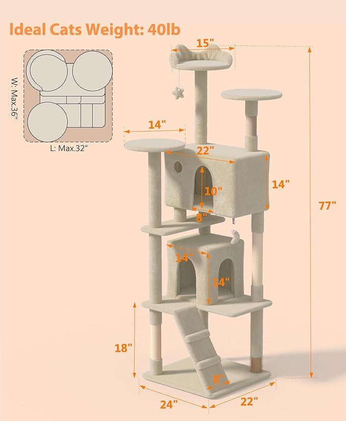 77'' Cat Tree Tower for Indoor Cats Large Adult, Cute/Tall Modern Cat Tree for Big Cats 20 lbs, Plush Multi-Level Cat Condo with Scratching Posts, Dangling Ball for Fun Play (Beige, 77 inch)-Mewly Pet