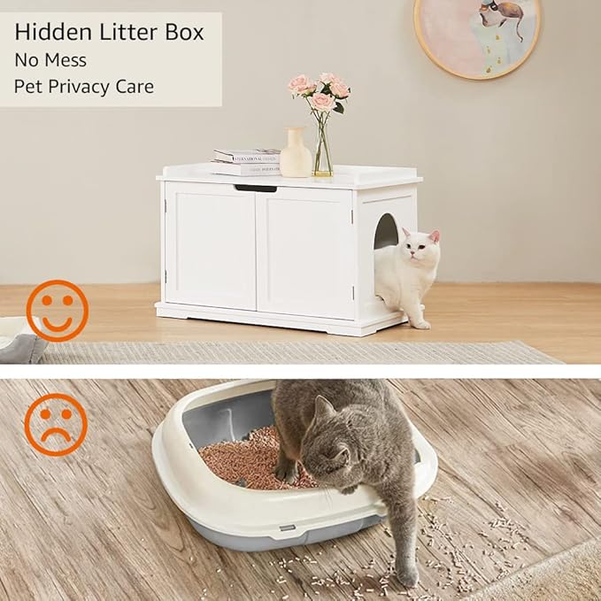 unipaws Cat Litter Box Enclosure Furniture, Cat Washroom, Hidden Litter Box Cover, Cabinet for Large Cat, Dog Proof Cat Litter Boxes, Hideaway Litter Box, Cat House, White-Mewly Pet