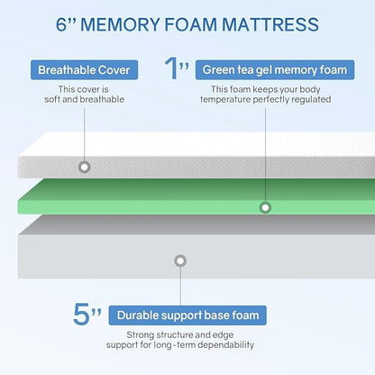 PayLessHere 6 Inch Twin XL Green Tea Memory Foam Mattress Cooling Gel Infused Mattress,Medium Firm Mattresses Fiberglass Free/CertiPUR-US Certified/Bed-in-a-Box/Pressure Relieving Twin XL Size,White