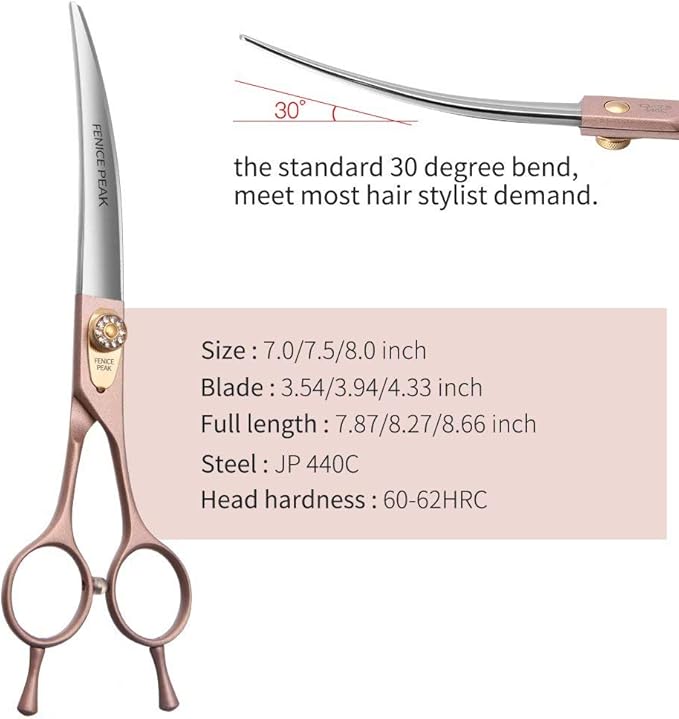 Fenice Peak Professional Curved Dog Grooming Scissors 7'' Rose Gold 440C Stainless Steel Pet Cutting Shears Safety Trimming Shearing for Dogs Cats-Mewly Pet