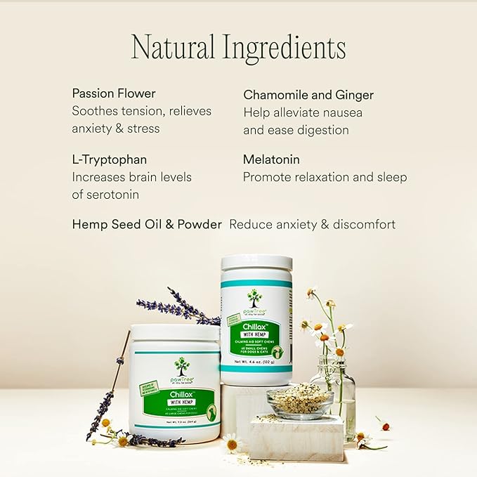 pawTree Chillax - Natural Calming Hemp Chews for Dogs and Cats - Formula to Relieve Stress and Tension; Ease Travel, Separation Anxiety and Soothe Fear - Small Soft Chews (60 Count)-Mewly Pet