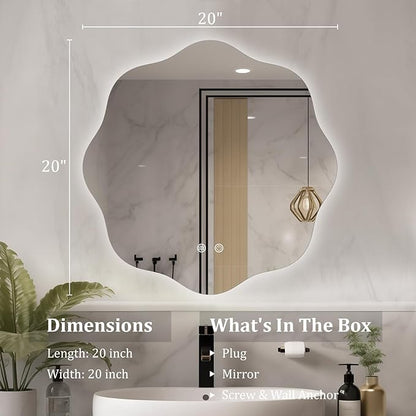 WallBeyond LED Bathroom Mirror with Lights, 20'' Wavy Round Light Up Bathroom Mirror, Anti Fog Led Mirror for Bathroom, 3 Colors and Dimmable Light