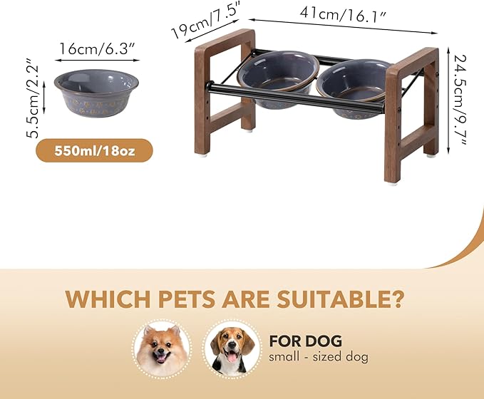 6.3inch Ceramic Adjustable Raised Double Bowls Set with Stand, 3 Heights Elevated, 2 Placement Options,Food and Water Bowls for Adult Cat Small and Medium Dog(Reactived Glaze -Grey)-Mewly Pet