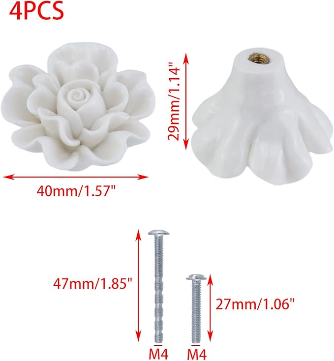 4PCS 1.57" × 1.14" Ceramics White Rose Knobs Flower Shaped Drawer Pulls for Cupboard with 2 Kinds of Screws