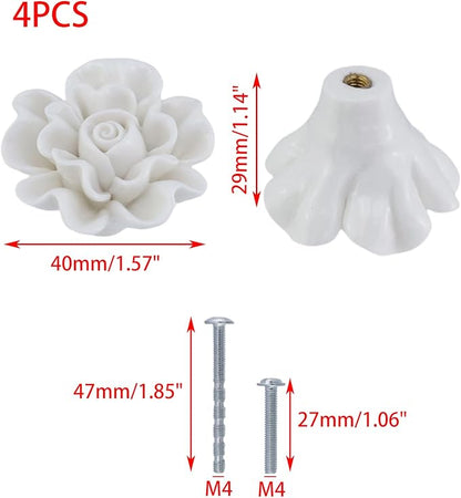 4PCS 1.57" × 1.14" Ceramics White Rose Knobs Flower Shaped Drawer Pulls for Cupboard with 2 Kinds of Screws