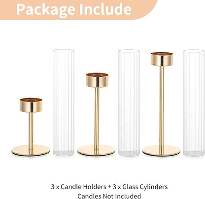 NUPTIO Tall Candlestick Holders for Centerpiece: Hurricane Candle Stick Holders with Ribbed Glass Sleeve - Gold Metal Candleholder Set of 3 for Table Fireplace Living Room Decor