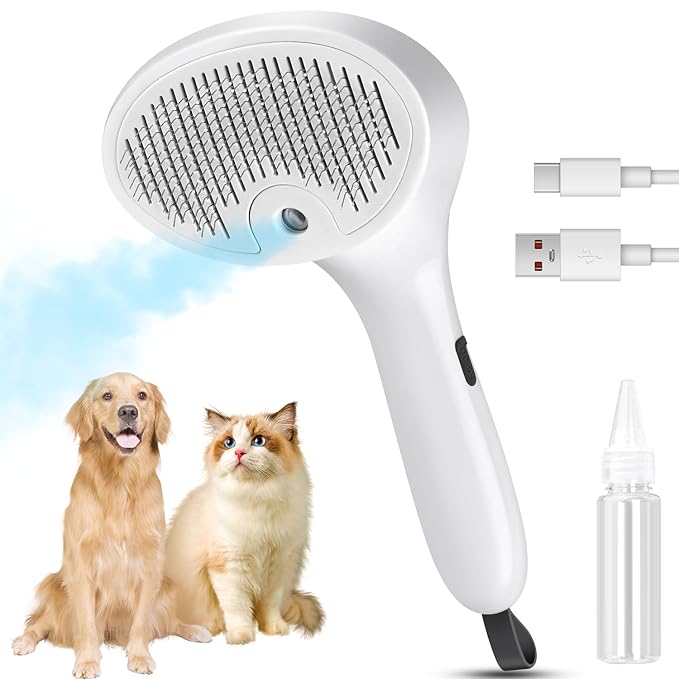 3 in 1 Cat Steam Brush for Cats & Dogs, Pet Spray Hair Removal Comb for Shedding & Grooming, Rechargeable Water Brush for Long & Short Haired Pets with Release Button(White)-Mewly Pet