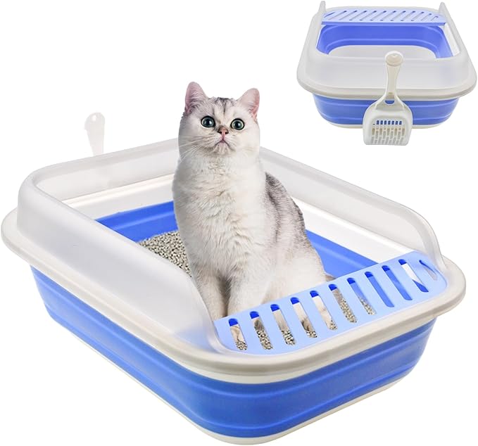 High Sided Cat Litter Box, Anti-Splashing Low Entry Cats Litter Pan with Scoop Collapsible Foldable Shallow Kitten Potty Toilet Waterproof Cat Travel Litterbox Semi-Enclosed Easy Clean(Blue)-Mewly Pet