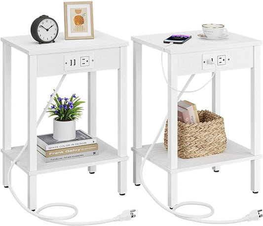 VIMBER Set of 2 End Table with Charging Station, Narrow Side Table with USB Ports and Outlets, Nightstands with 2-Tier Storage Shelves, Sofa Table for Small Space Living Room Bedroom, White UTBT102W2