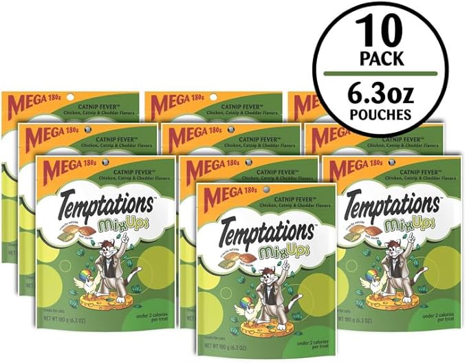Temptations MixUps Catnip Fever Flavor Crunchy and Soft Cat Treats, 6.3 oz. Pouch (Pack of 10)-Mewly Pet