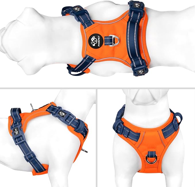 PHOEPET No Pull Dog Harness, Unique Colors Reflective Adjustable Dog Vest, with Soft Training Handle Metal Clips for Small Medium Large Dogs (Orange Base & Blue Straps,M)-Mewly Pet