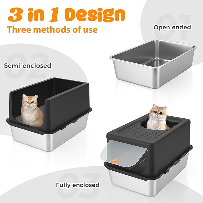 Litter Box with Lid, Stainless Steel Litter Box XL, 14" H Metal Cat Box with High Sides Wall Enclosure, Cat Pan, Non-Sticky, Easy Clean, Anti-Leakage, Black-Mewly Pet