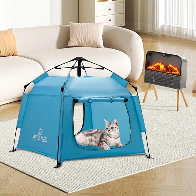 Outdoor Waterproof Pet Automatic Camping Tent, Pop up Cave Bed for Indoor Cats and Small Dogs, Portable Cat House Dog House, Sky Blue.-Mewly Pet
