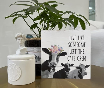Inspirational Wood Signs, Wooden Box Sign Desk Decor, Cow Table Art, Plaque With Positive Saying, Farmhouse Tabletop, Country Style Home Decor, Live Like Someone Left the Gate Open