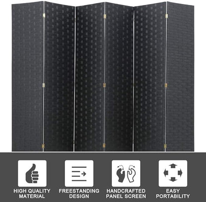 Room Divider Wood Screen 6 Panel Folding Portable Partition Screens Wooden Mesh Woven Design Room Screen Divider for Home Office (Black)