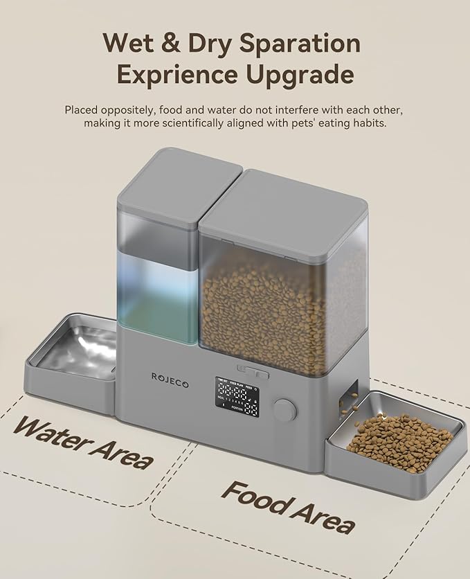 Rojeco 36Cups/8.5L Pet Automatic Cat Feeder and Gravity Water Dispenser,Stainless Steel Bowls 2-in-1 Set Large Capacity 5L Food Feeder and 3.5L Water Fountain for Cats,Pets,Small Dogs,Grey-Mewly Pet